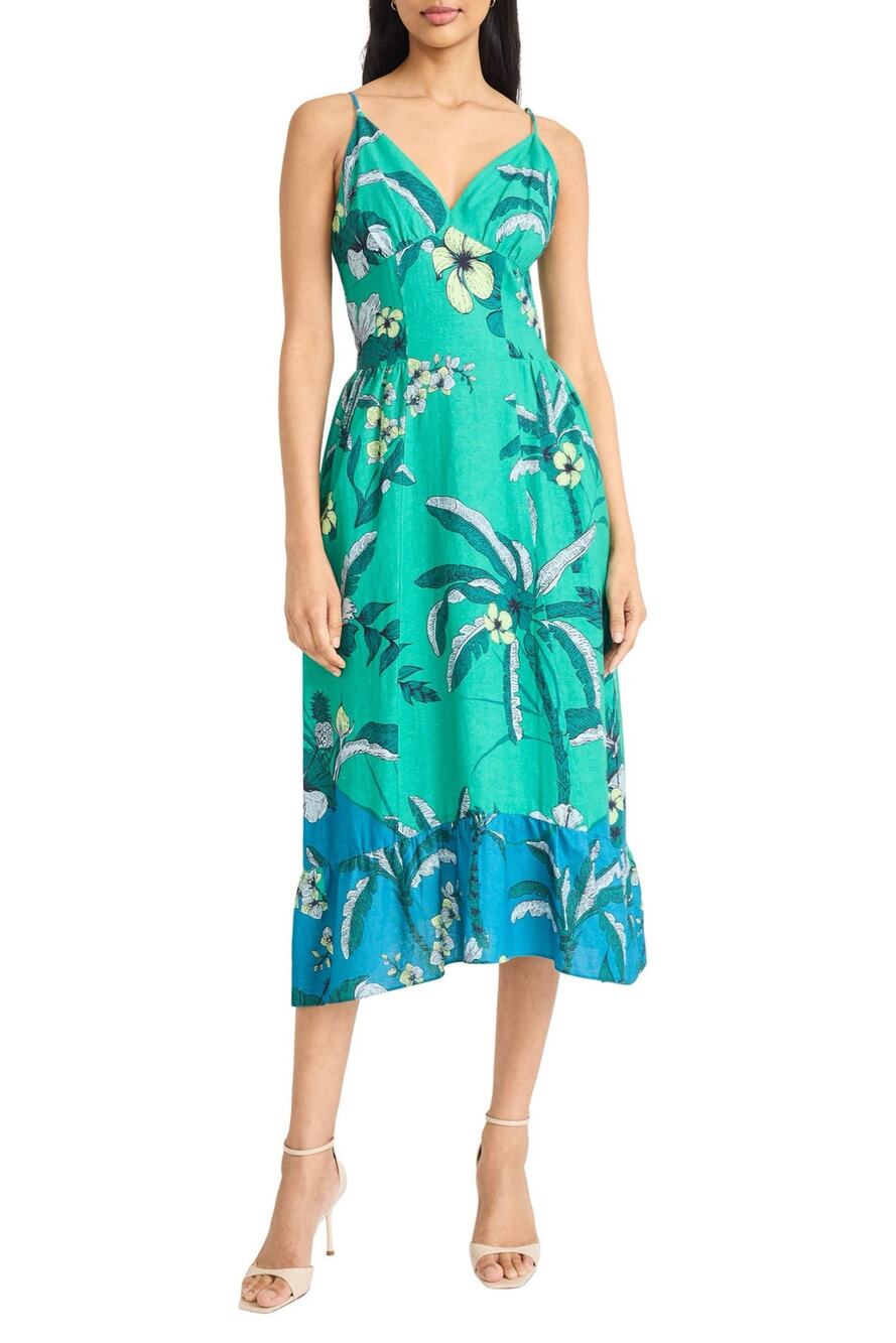 Donna Morgan for Maggy London Floral Linen Blend Fit & Flare Midi Dress Size 12